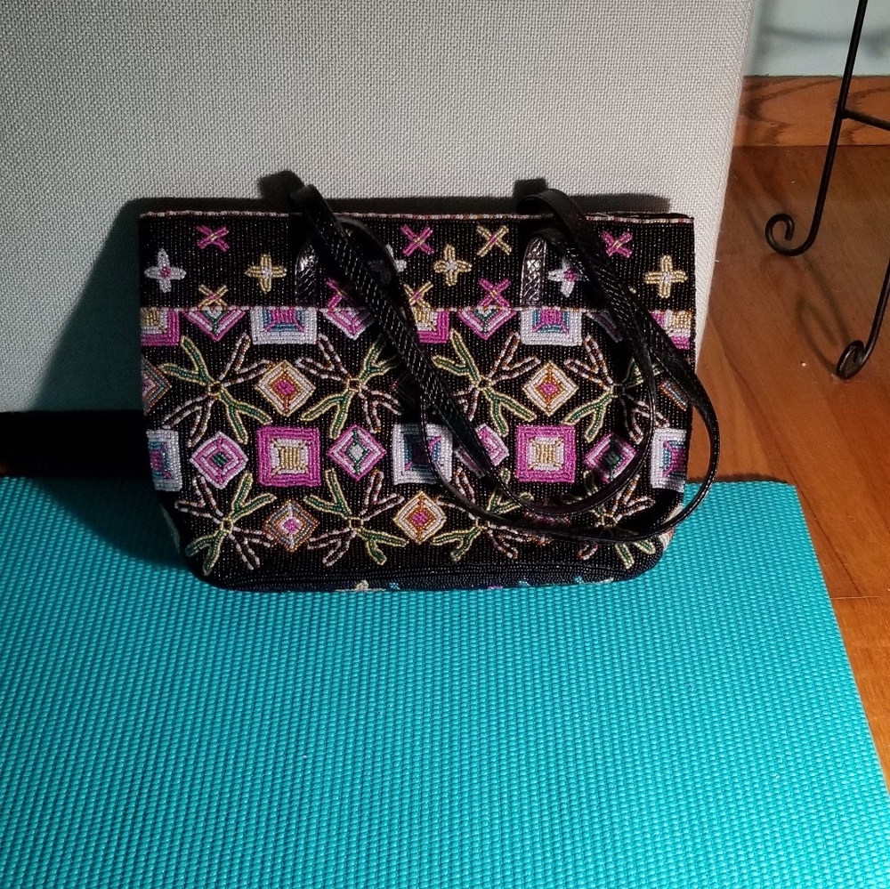 Multicolored Geometric and Floral Beaded Purse
